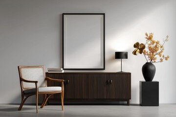 Flat Wall Mockup – White Wall with Black Framed Poster, Wooden Armchair and Modern Decor 