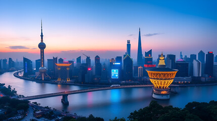 Shanghai skyline at dusk with Garden Bridge, China
