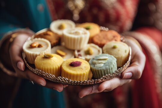 A woman holds an assortment of sweets for Diwali including milk peda and halwa celebrating festivals like Deepavali Pongal and Dussehra