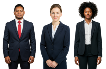 Studio portrait of a diverse group of three business professionals, one male and two females, wearing dark suits against a transparent background.