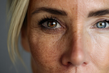 Naklejka premium Close-up of a woman showing one side youthful and the other aged through makeup, exploring the idea of time and beauty standards