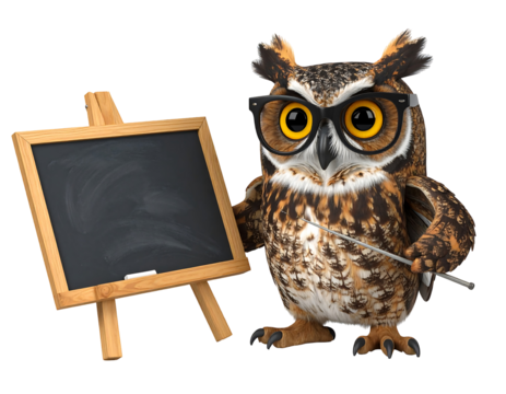Brown Owl Teacher with Chalkboard and Pointer
