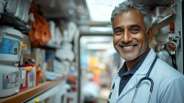 A healthcare professional exudes confidence and care while positioned inside a bustling ambulance, ready to provide life-saving aid. 