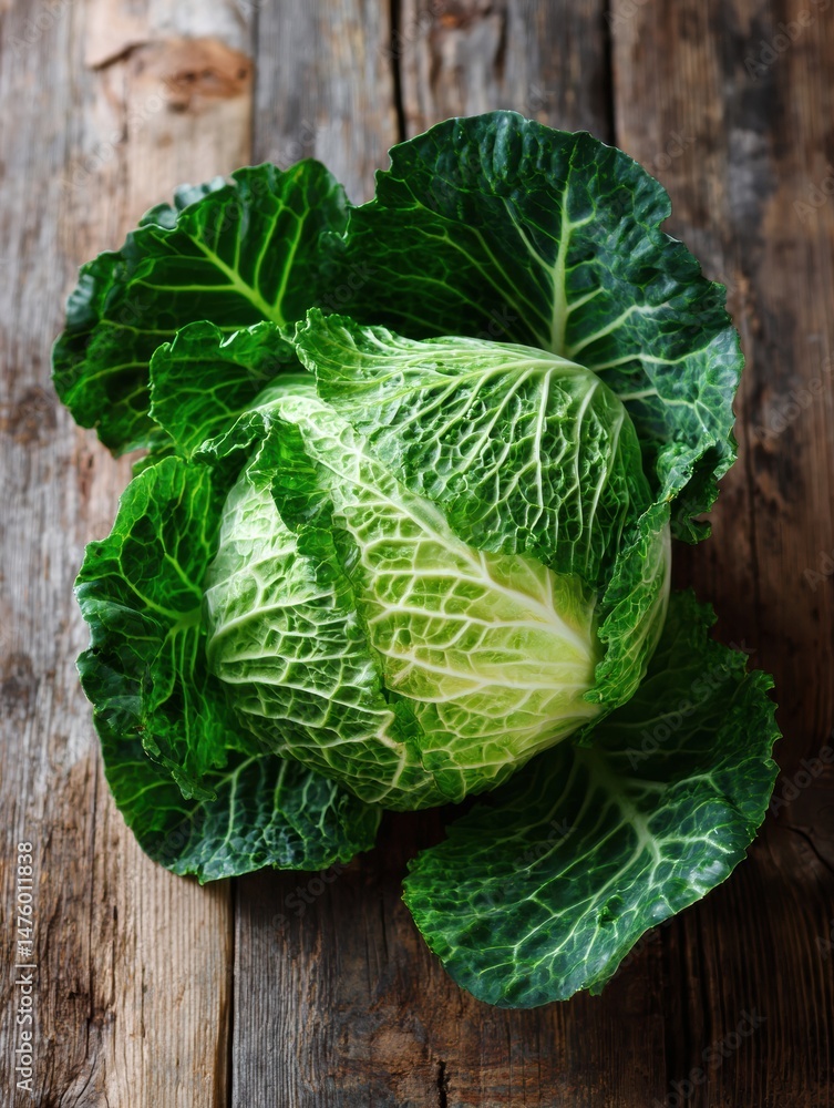 Aufkleber fresh cabbage head with vibrant outer leaves resting on a rustic wooden table in a sunlit kitchen