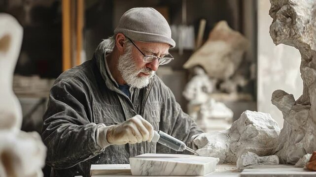 Sculptor meticulously chiseling a marble statue in his workshop.