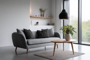 Modern Scandinavian Living Room with Minimalist Decor and Soft Gray Sofa 