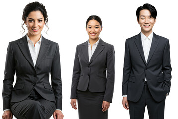 Three diverse young adult business professionals, two women and one man, smiling confidently in dark suits and white shirts against a black studio background.