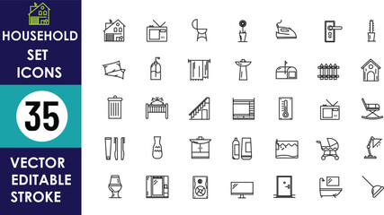 A vector icon set of 35 household items :house, sofa, chair, lamp, iron, door, pillows, shower, wardrobe, hanger, fence, trash can, stairs, window, radiator, pet house, cutlery, vase, detergent, baby 