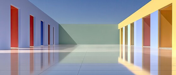 Fototapeta premium Hallway with colorful doors and windows shows reflections on the floor under a clear blue sky