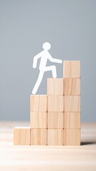 A determined individual ascends a staircase made of rustic wooden blocks, showcasing their strength and focus amidst a serene, natural backdrop.