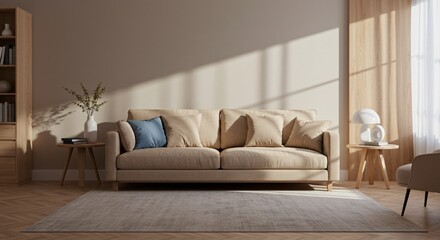 Fototapeta premium Modern Living Room Interior Design with Brown Leather Chair, Beige Sofa and Wooden Wall Panels - 3D Illustration 