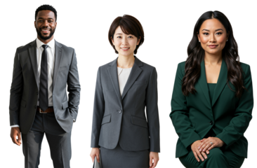 Studio portraits of three diverse business professionals, including a Black man and two East Asian women in suits, smiling against a transparent background