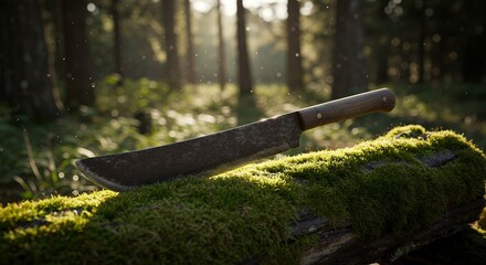 Machete on mossy log in forest