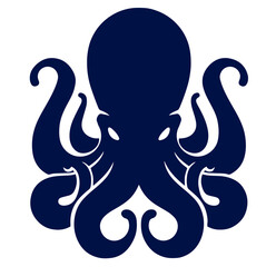 Octopus Silhouette with Curled Tentacles and Intense Eyes, Symmetrical Marine. Intelligence, Mystery, Adaptability, and Deep Sea Life. 