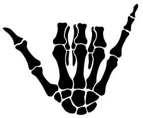 Skeleton Hand Making "Shaka" or "Hang Loose" Gesture. Surf Culture, Freedom, Friendship, Alternative Lifestyle. Streetwear Graphics, Halloween Themes, Subcultural.
