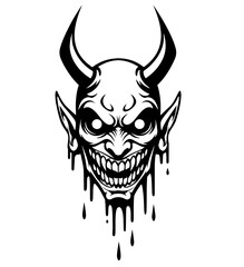 Horrific Demon Skull with Horns, Pointed Ears, Dripping Effect Below, Featuring Evil Grin and Wide Eyes. Fear, Horror, Evil, and Supernatural Forces. 