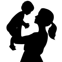 Silhouette of a Mother Lifting Her Child Up in the Air, Facing Each Other with Joyful Expression. Mother's Day Cards, Parenting Concepts, Family Illustrations, and Childcare Themes.