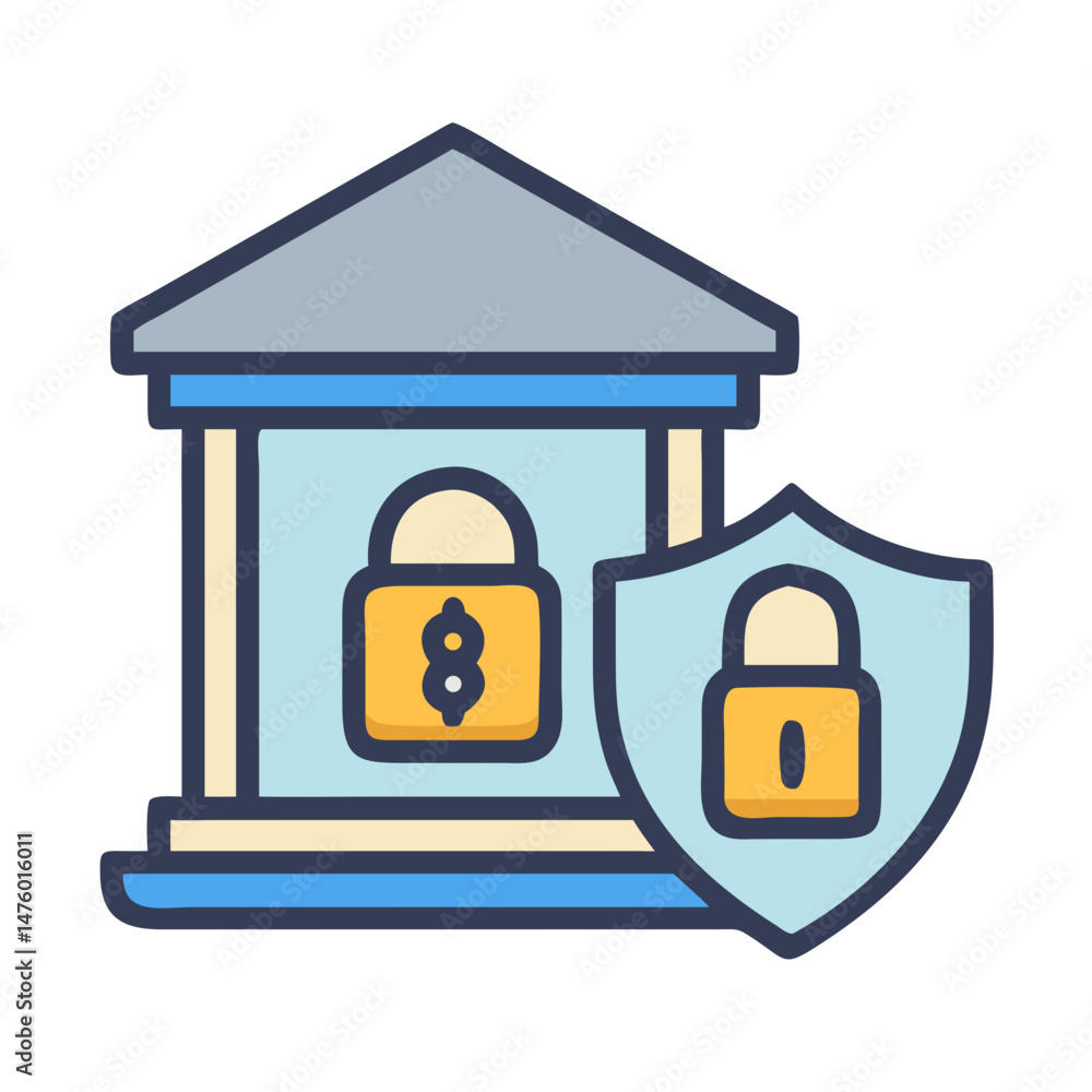 Poster bank building with security shield and lock icon representation