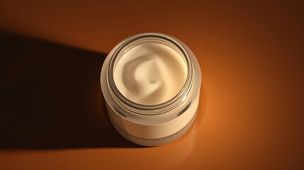 Creamy Luxury: A jar of luxurious, smooth cream is captured in a high-angle shot. The light and shadows add depth and dimension, highlighting the product's texture and appeal. - Mockup