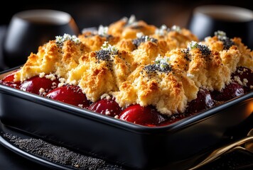 Freshly Baked Cherry Crisp with Golden Crust and Scenic Presentation Ideal for Dessert and Culinary Photography
