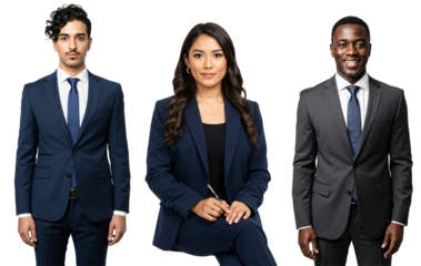 Studio portrait of a diverse group of three young adult business professionals, two males and one female, wearing formal suits against a transparent background.