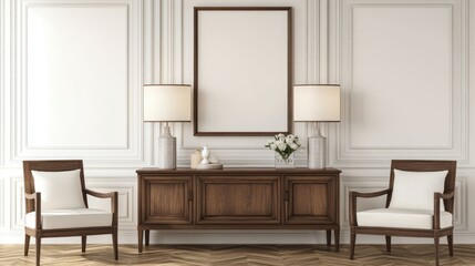 Elegant interior design scene with wooden furniture and a blank picture frame.