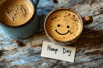 Coffee cup with smiley face and Hump Day message