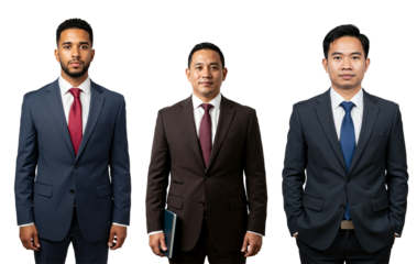 Studio portrait of three diverse adult businessmen, including Black and Asian men, wearing formal suits and ties, standing confidently against a transparent background.