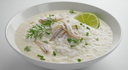 Creamy rice soup with anchovies dill chives and a lime wedge in a white bowl