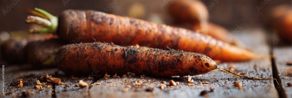 Poster freshly harvested carrots with dirt resting on wooden surface, showcasing natural texture and earthy