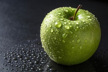 Juicy Green Apple with Water Droplets on Dark Background Close up Photography