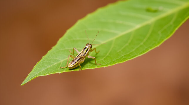Group of little grasshopper on green leaf with blurred brown background.
