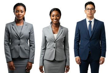 Three diverse young adult business professionals, two Black women in grey suits and one Asian man in a blue suit, standing confidently in a studio against a transparent background.