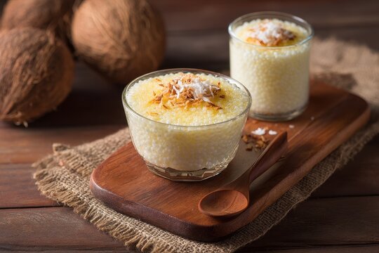 Brazilian dessert coconut tapioca pudding served on a wooden board