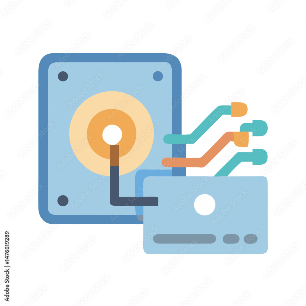 Poster stylized computer hardware showing hard drive with connecting cables