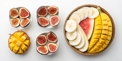 A delicious, fresh fruit salad and a slice of gourmet fruit cake make a healthy breakfast dish on a white plate