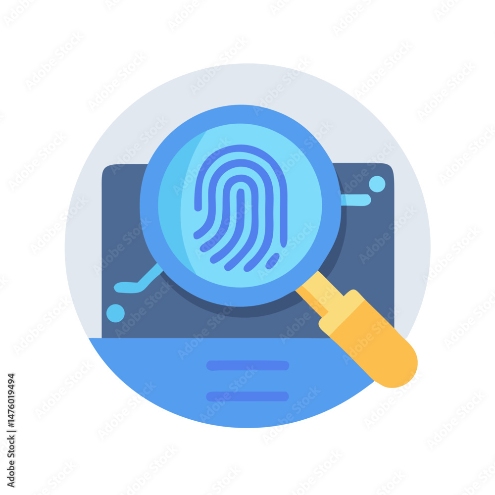 Poster digital fingerprint analysis with magnifying glass on computer screen