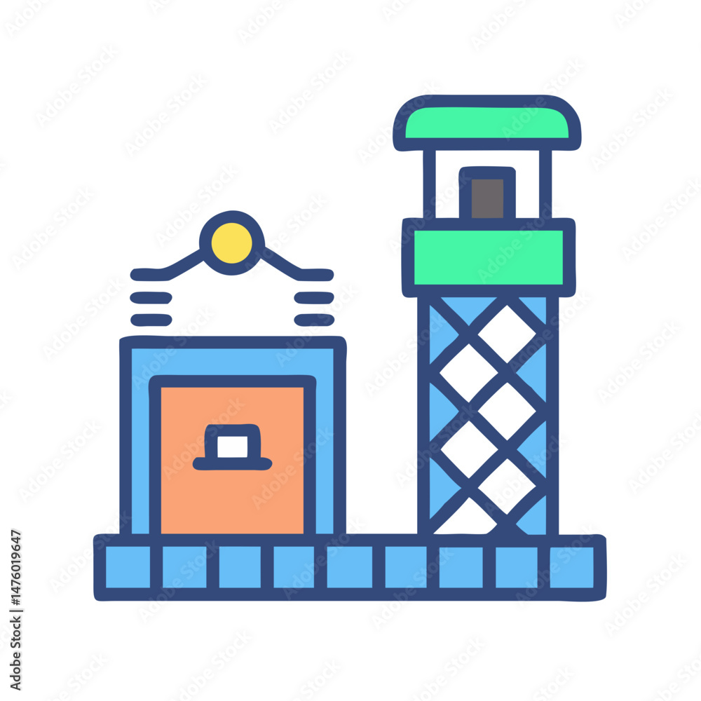 Poster Simplified colorful watchtower and building with grid isolated art