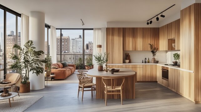 Modern city apartment kitchen and living area with wood tones.