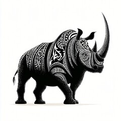 Fototapeta premium Ornate Tribal Rhinoceros Black and White Wildlife Art Detailed Animal Illustration
