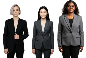 Three diverse adult women of different ethnicities standing together in business suits against a transparent background, representing professionalism and collaboration.