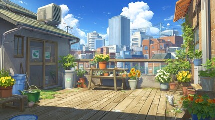 Fototapeta premium A charming urban rooftop garden scene on a sunny day.