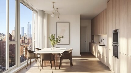 Modern open-plan apartment with city views.