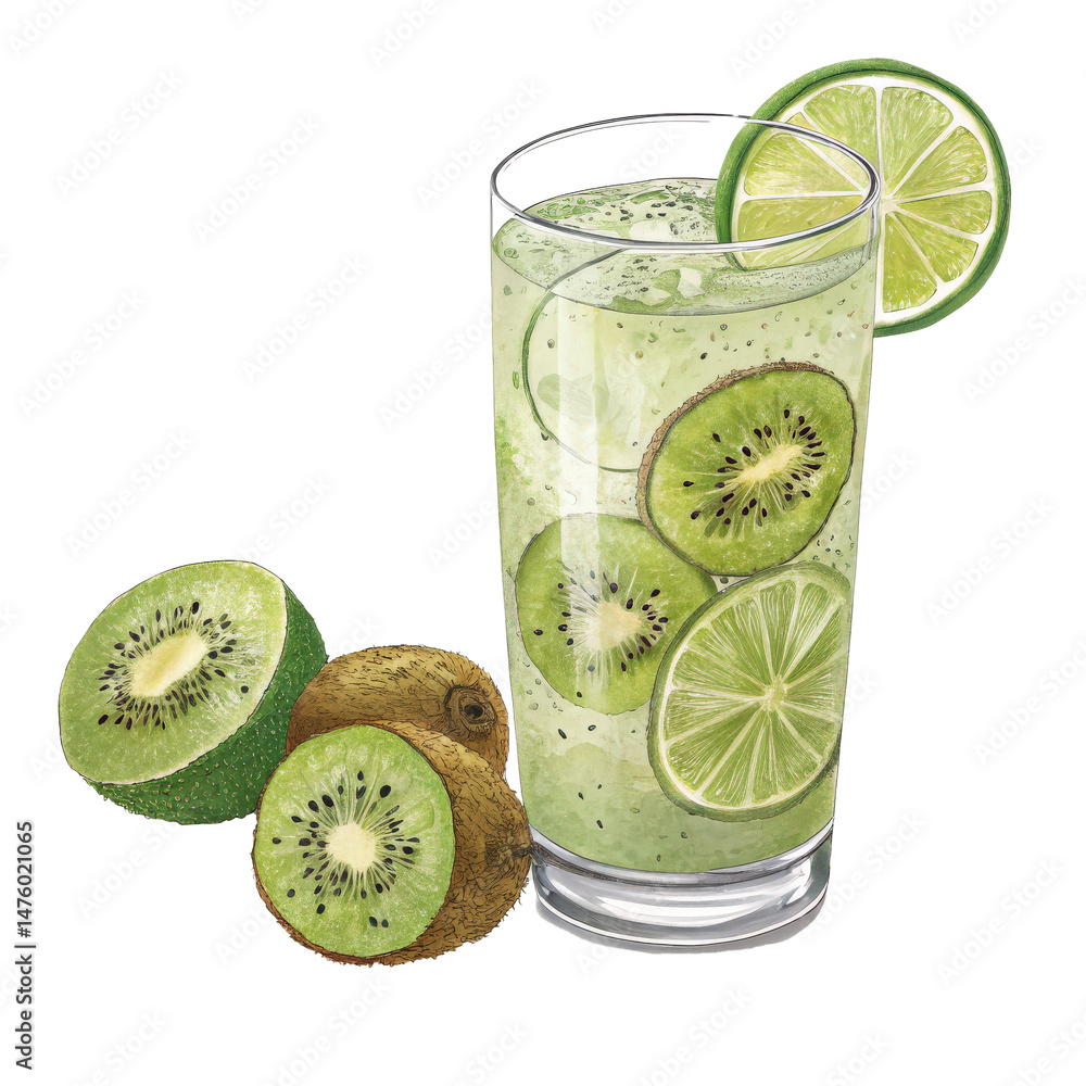 Poster refreshing glass of kiwi and lime juice is garnished with slices of lime and kiwi, surrounded by who
