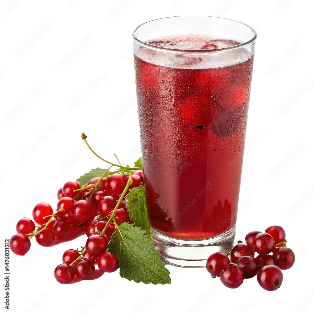 Poster refreshing glass of red currant juice is filled with vibrant red liquid and ice cubes, accompanied b
