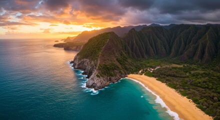 Fototapeta premium Aerial View of Sunset Over Tropical Beach