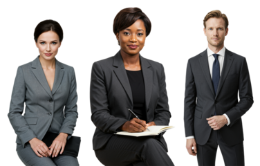 Three diverse business professionals, two women and one man, wearing suits and posing against a transparent background, representing corporate teamwork and success.