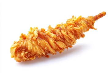 breaded chicken skewer on white backdrop