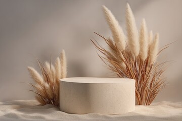 Beige cylinder podium, surrounded by pampas grass, on a sandy background