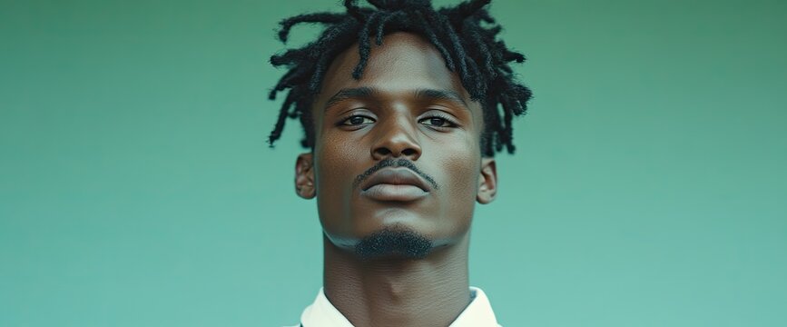 A man with dreadlocks and fair skin stands against a turquoise background. He's wearing a white shirt - Powered by Adobe